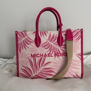 Michael Kors Fuchsia and Beige Leaf Print Tote